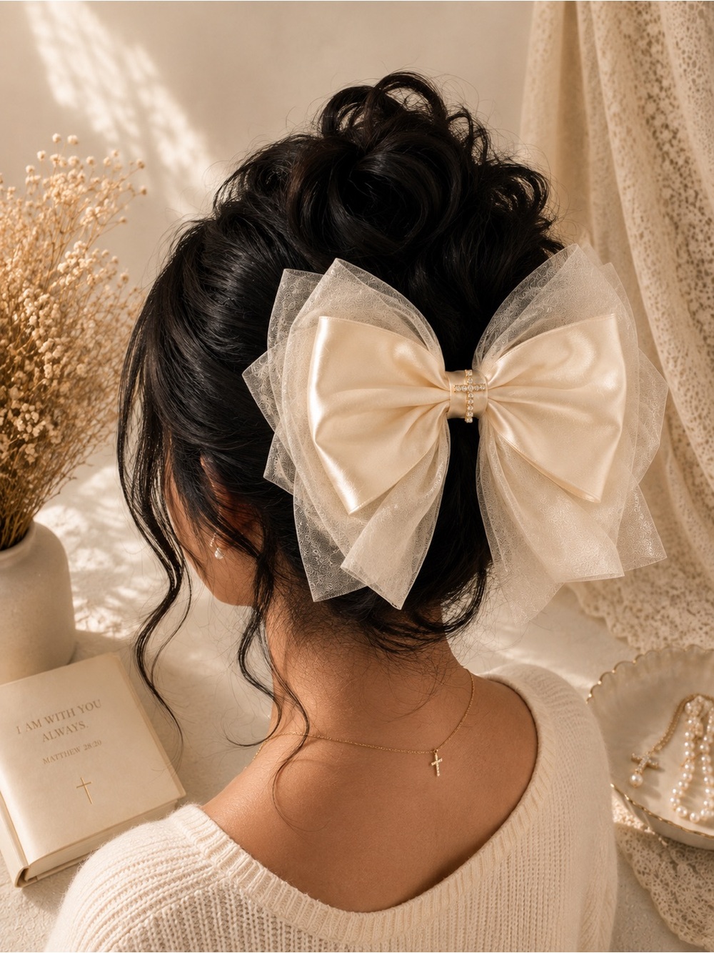 Neutral Cream Layered Bow Hair Clip with Pearl Accent